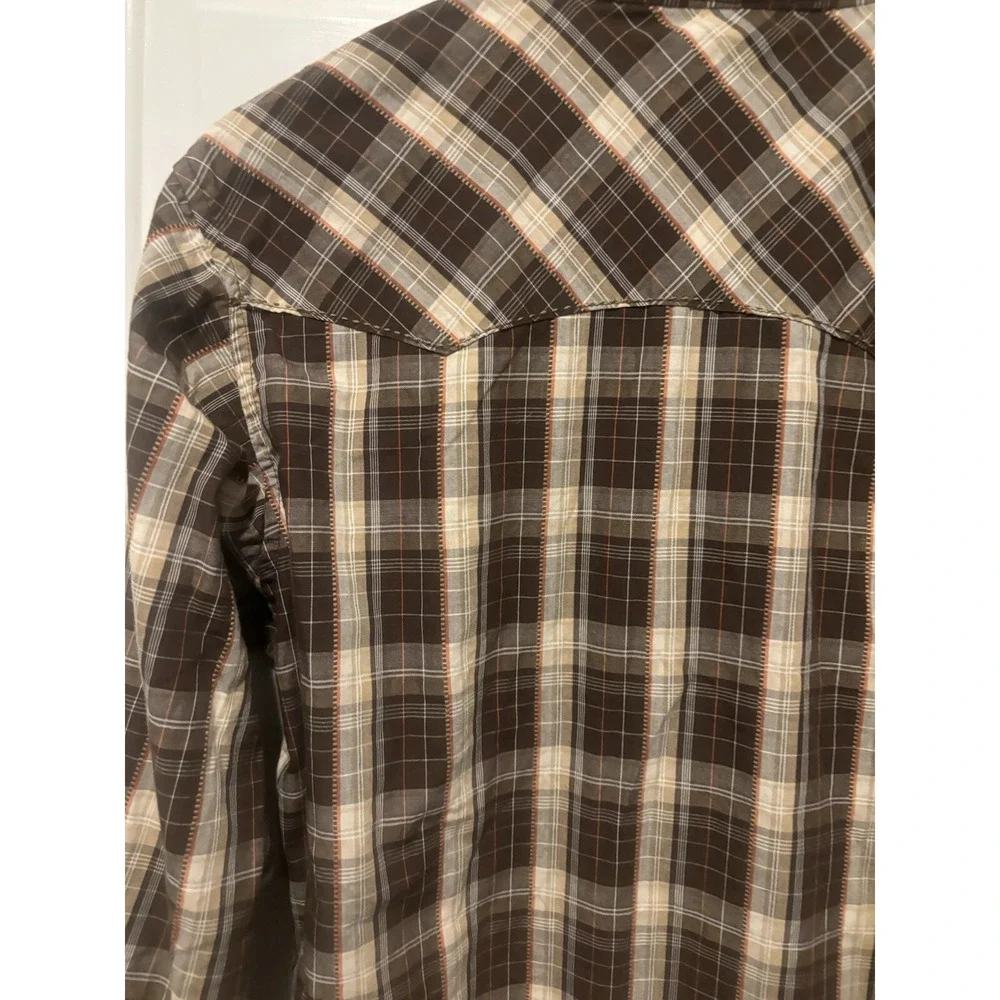 Wrangler Pearl Snap Shirt‎ Mens Medium Long Sleeve Brown Plaid Button Up